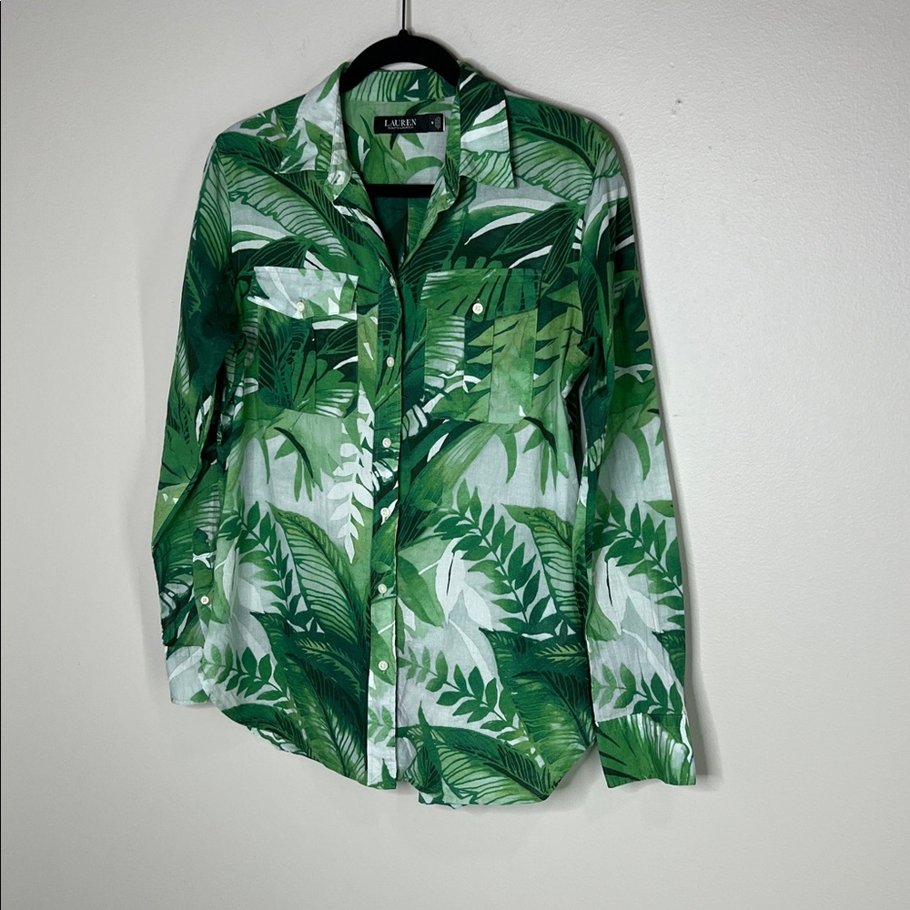 Lauren Ralph Lauren Palm Frond Print Cotton Voile Button Down Shirt size Medium - Picture 3 of 11